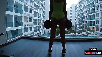 Thai amateur caravanserai workout before a fuck in the room